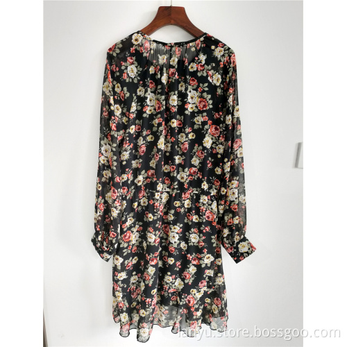 Long Sleeves Chiffon Printed Floral Elegant Ladies Dresses